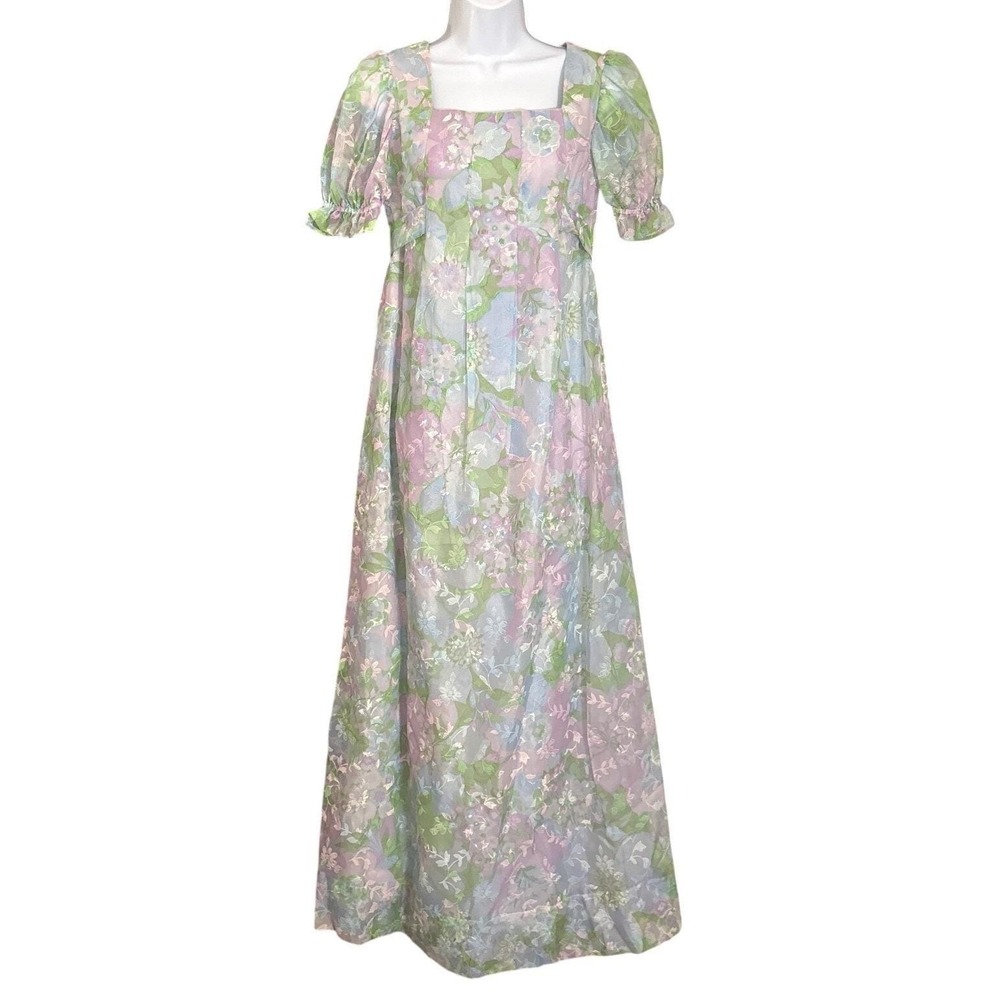 Vintage 70s Pastel Floral Empire Waist Maxi Dress Puff Sleeve Garden Party Gown